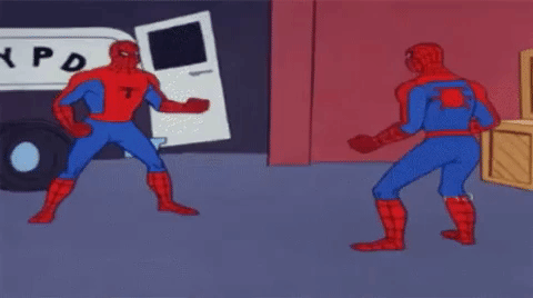 Spidermans pointing at each other